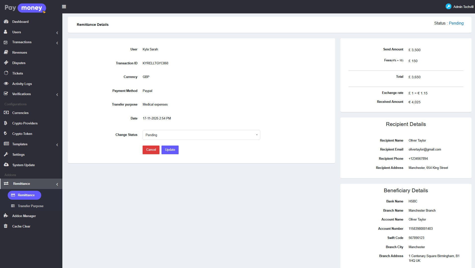 Admin Remittance Details